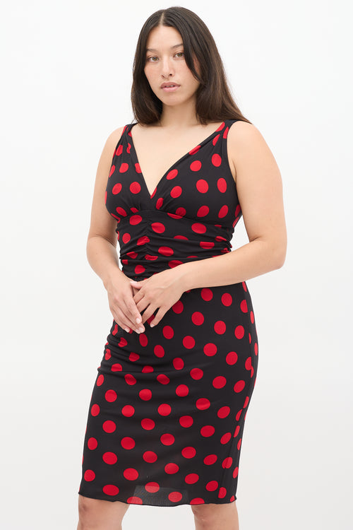 Dolce & Gabbana Black & Red Polka Dot Ruched Midi Dress