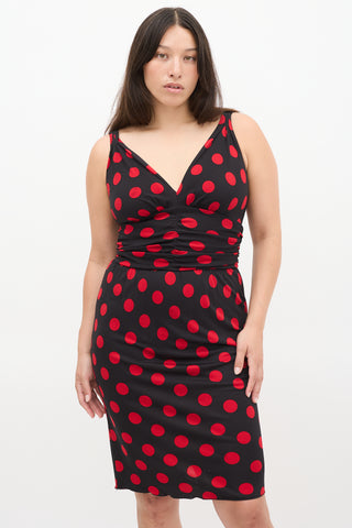 Dolce & Gabbana Black & Red Polka Dot Ruched Midi Dress