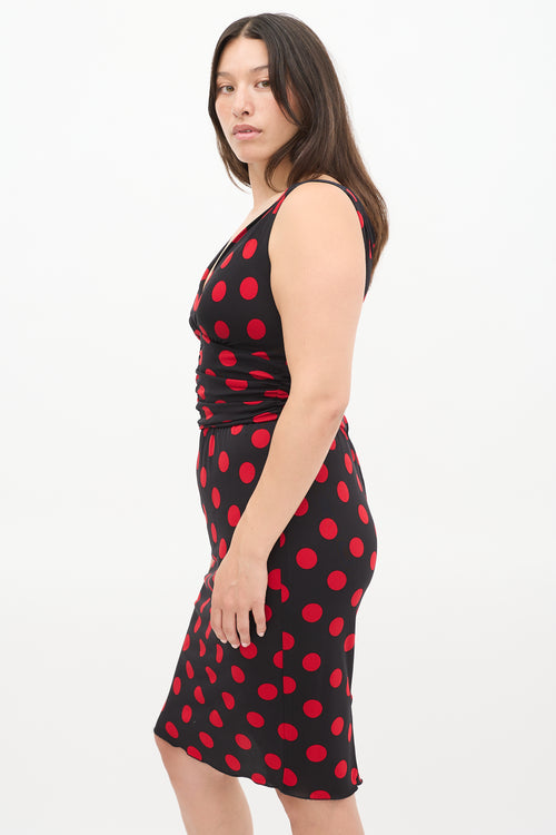 Dolce & Gabbana Black & Red Polka Dot Ruched Midi Dress