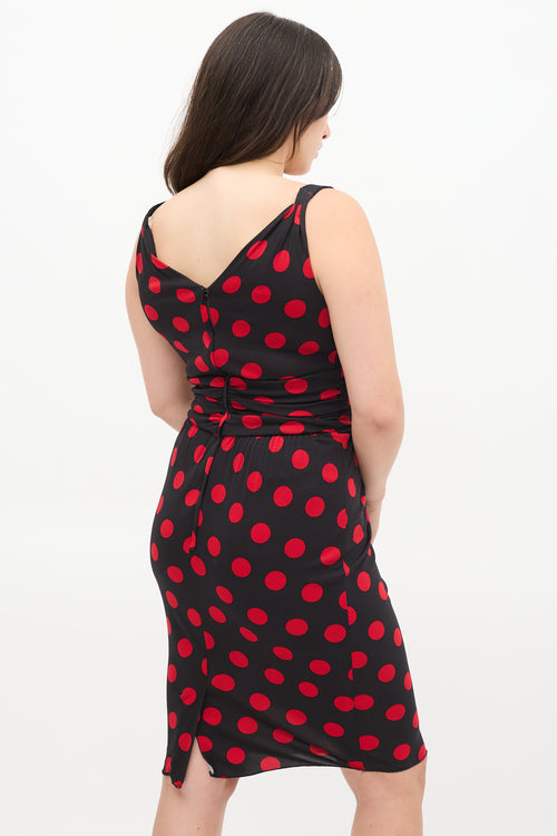 Dolce & Gabbana Black & Red Polka Dot Ruched Midi Dress