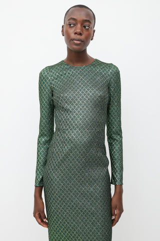 Dolce & Gabbana Green & Gold Metallic Long Sleeve Dress