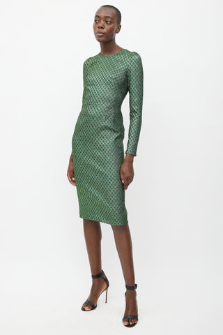 Dolce & Gabbana Green & Gold Metallic Long Sleeve Dress