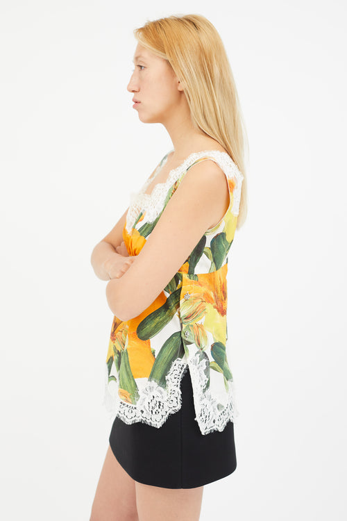 Dolce & Gabbana Orange & Multicolour Floral Lace Top