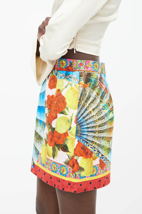 Dolce & Gabbana Red & Multicolour Fan & Rose Print Skirt