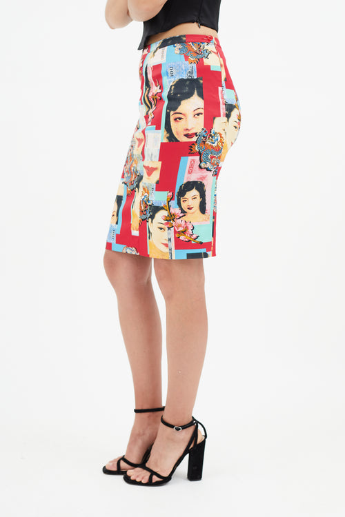 Dolce & Gabbana Red & Multicolour Print Skirt