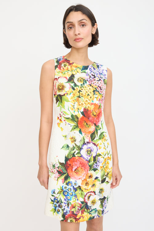 Dolce & Gabbana White & Multicolour Floral Jacquard Sheath Dress