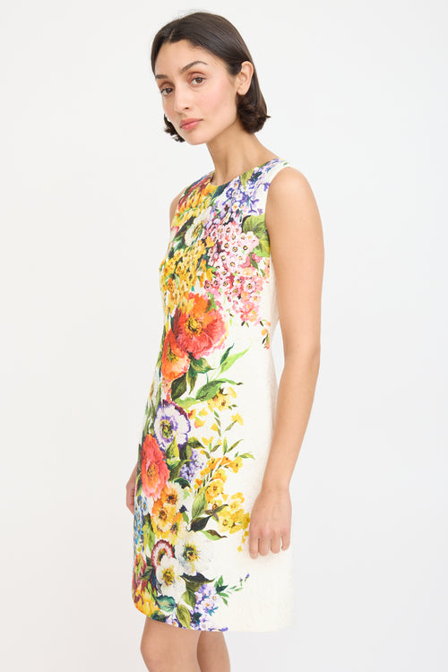 Dolce & Gabbana White & Multicolour Floral Jacquard Sheath Dress