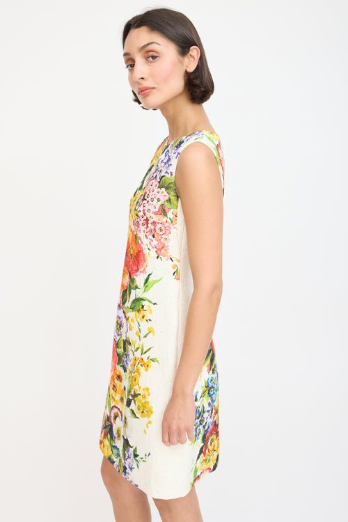 Dolce & Gabbana White & Multicolour Floral Jacquard Sheath Dress