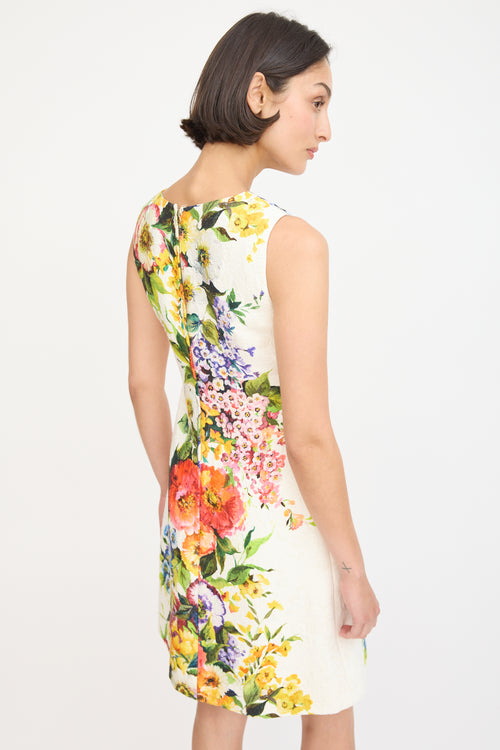 Dolce & Gabbana White & Multicolour Floral Jacquard Sheath Dress