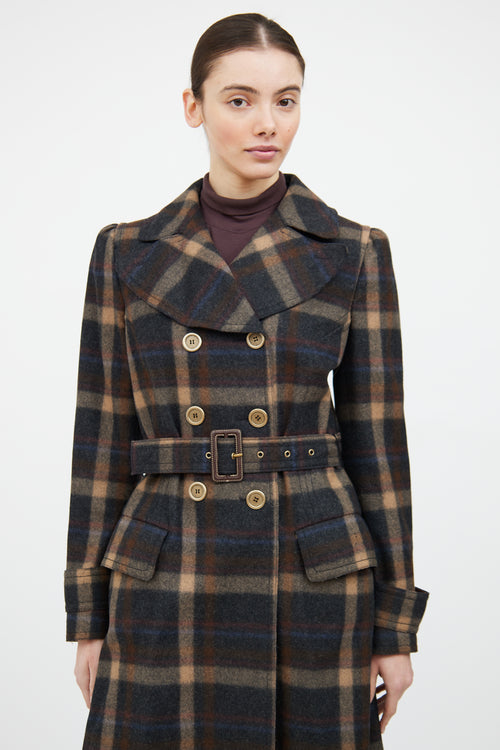 Dolce & Gabbana Grey & Brown Wool Plaid Double Breasted Coat