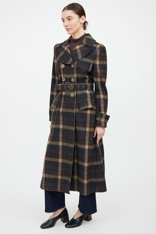 Dolce & Gabbana Grey & Brown Wool Plaid Double Breasted Coat