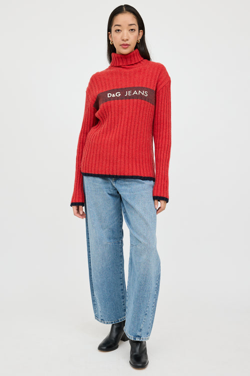 Dolce & Gabbana Red & White Knit Logo Turtleneck