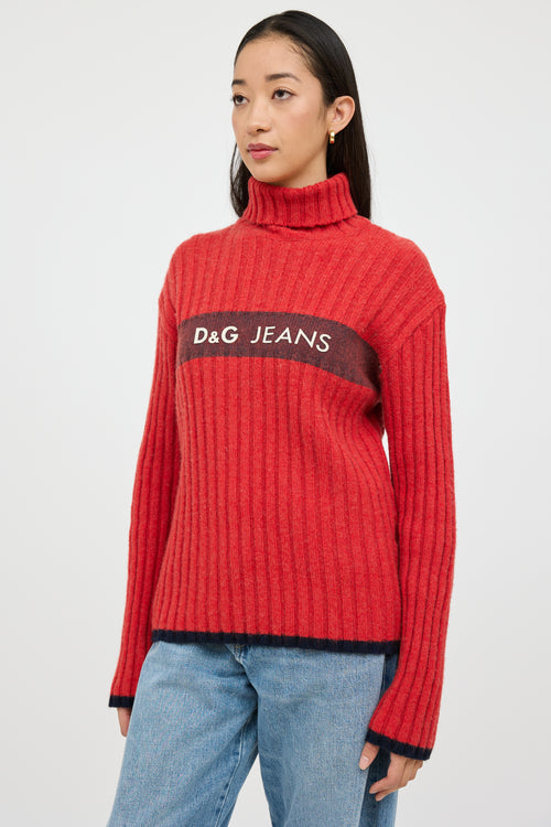 Dolce & Gabbana Red & White Knit Logo Turtleneck