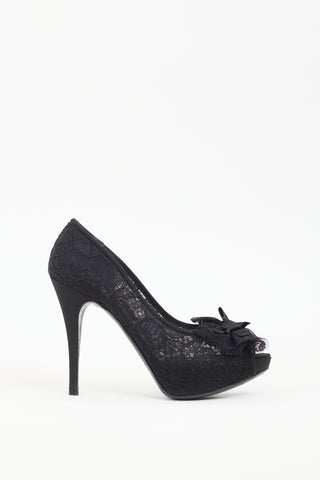 Dolce & Gabbana Black Floral Lace Bow Platform Pump