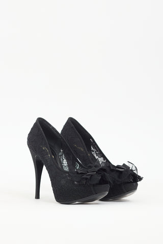 Dolce & Gabbana Black Floral Lace Bow Platform Pump