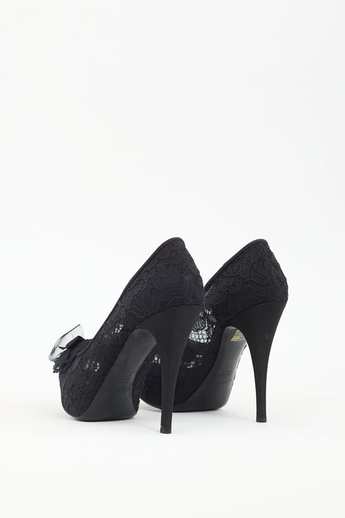 Dolce & Gabbana Black Floral Lace Bow Platform Pump