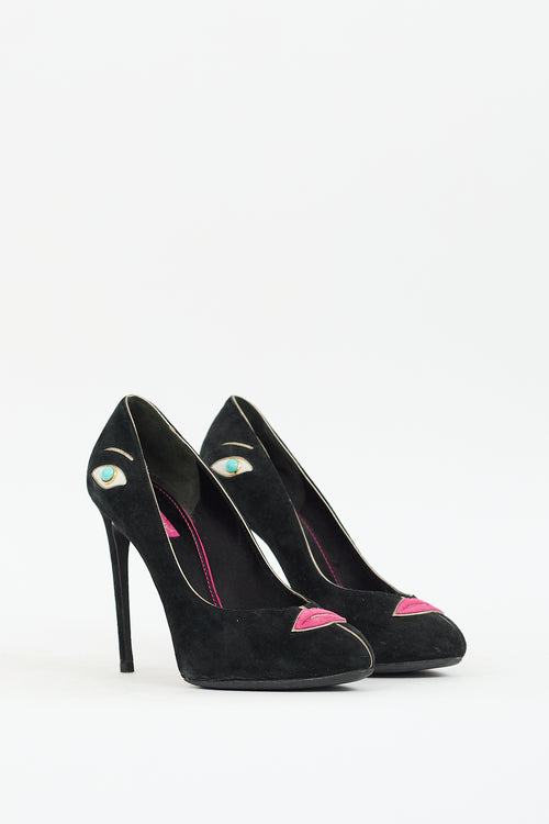 Dolce & Gabbana Black & Multi Suede Embellished Face Pump