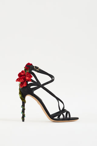 Dolce & Gabbana Black & Multicolour Strappy Flower Applique Heel