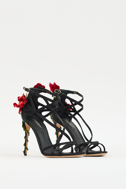 Dolce & Gabbana Black & Multicolour Strappy Flower Applique Heel