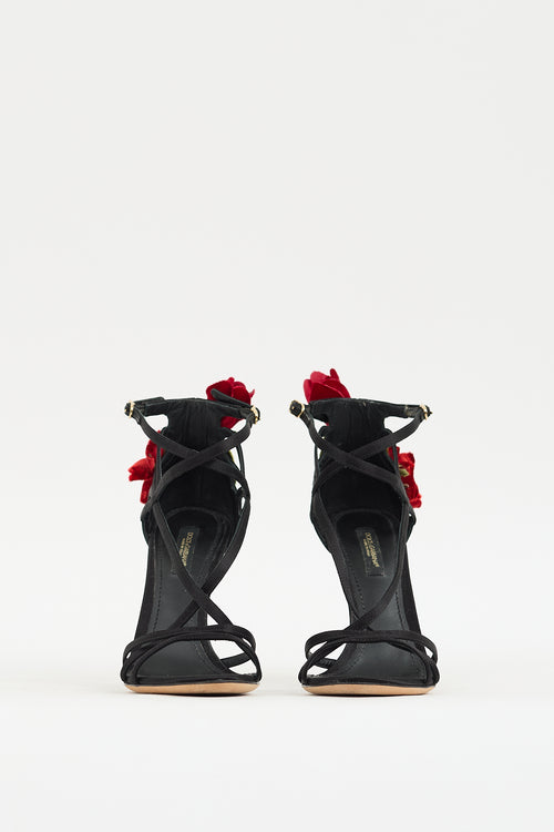 Dolce & Gabbana Black & Multicolour Strappy Flower Applique Heel