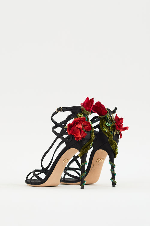 Dolce & Gabbana Black & Multicolour Strappy Flower Applique Heel