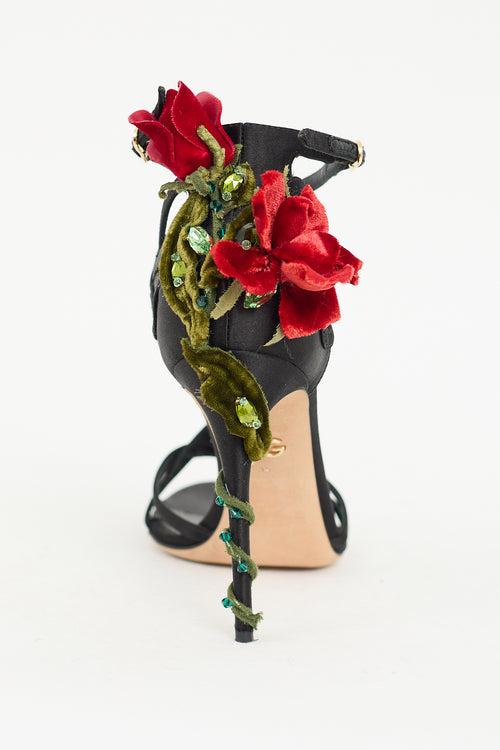 Dolce & Gabbana Black & Multicolour Strappy Flower Applique Heel