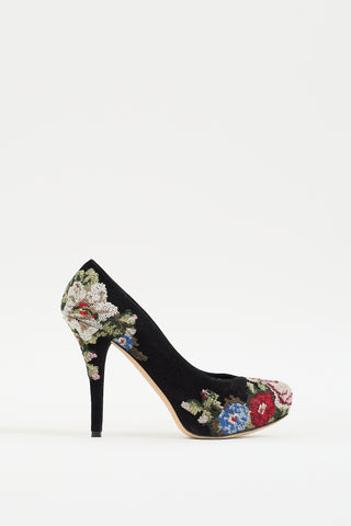 Dolce & Gabbana Black & Multi Suede Floral Heel