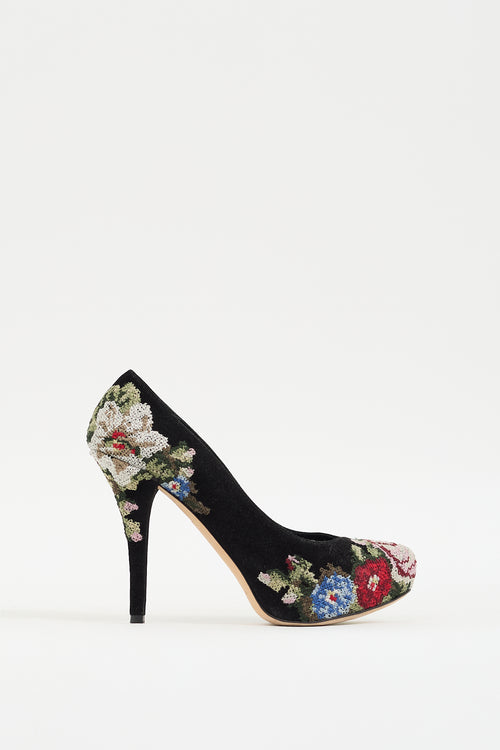 Dolce & Gabbana Black & Multicolour Suede Floral Embroidered Heel