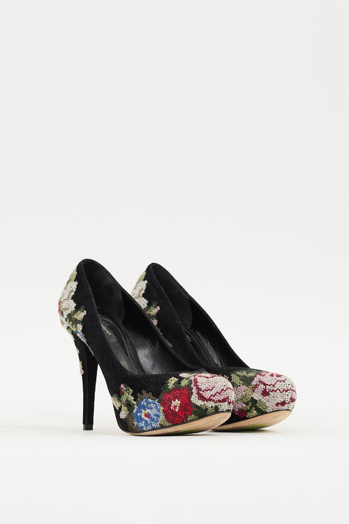 Dolce & Gabbana Black & Multi Suede Floral Heel