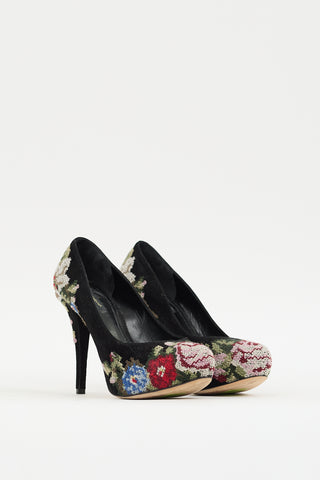 Dolce & Gabbana Black & Multicolour Suede Floral Embroidered Heel