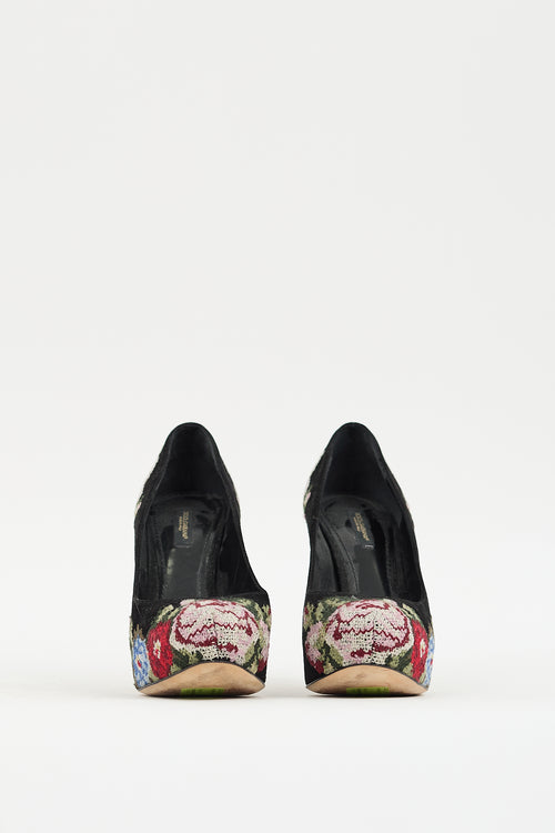 Dolce & Gabbana Black & Multicolour Suede Floral Embroidered Heell