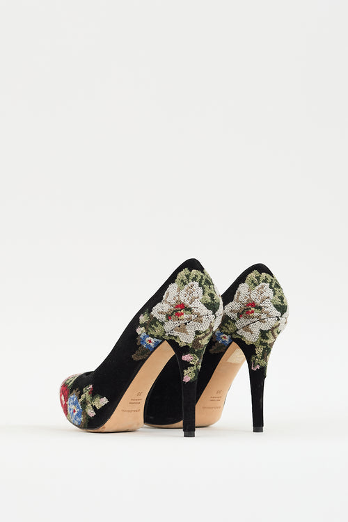 Dolce & Gabbana Black & Multicolour Suede Floral Embroidered Heel