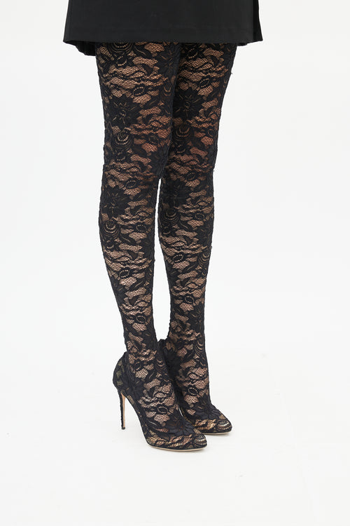 Dolce & Gabbana Black Lace Knee High Boot