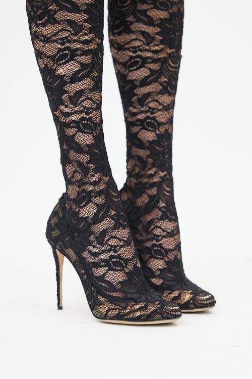 Dolce & Gabbana Black Lace Knee High Boot