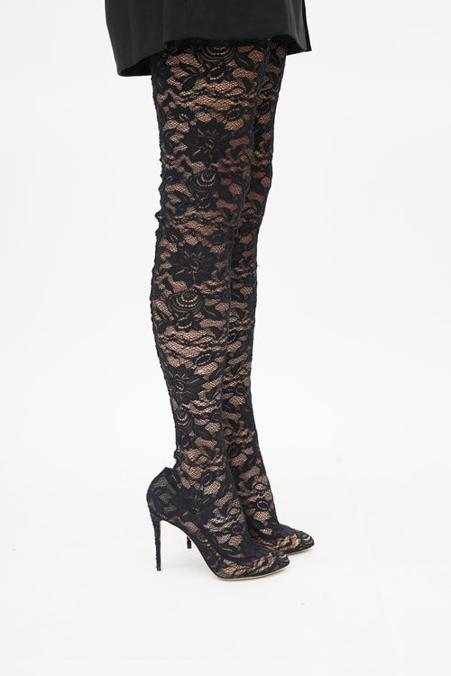 Dolce & Gabbana Black Lace Knee High Boot