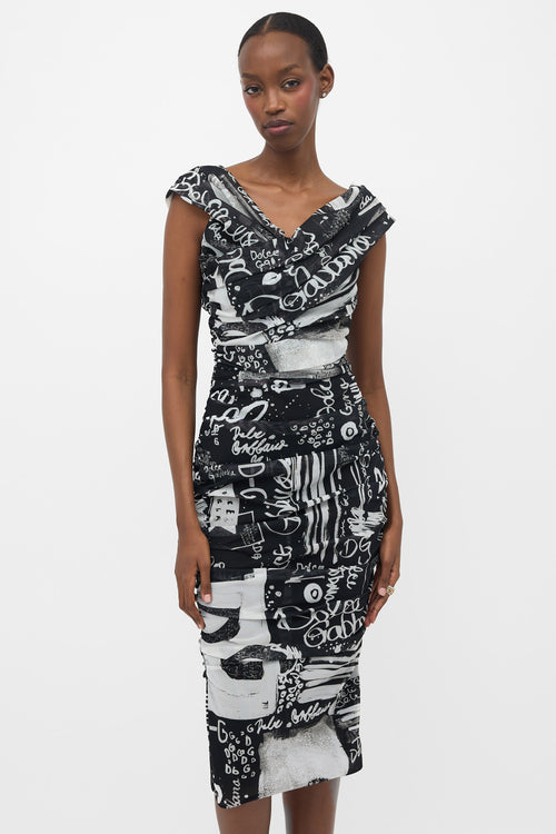 Dolce & Gabbana Mesh Ruched Printed Dress
