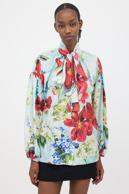 Dolce & Gabbana Silk Floral Tie Collar Blouse