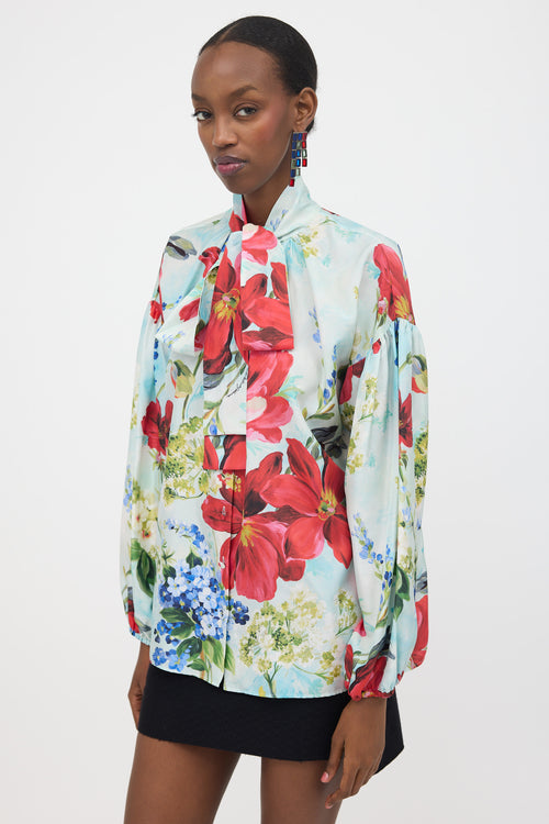 Dolce & Gabbana Silk Floral Tie Collar Blouse