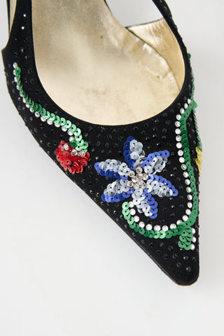 Dolce & Gabbana Vintage Black Satin Floral Embellished Heel