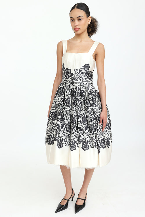 Dolce & Gabbana Ruched Lace Print Midi Dress