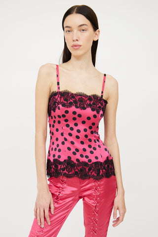 Dolce & Gabbana Black & Pink Polka Dot Lace Camisole