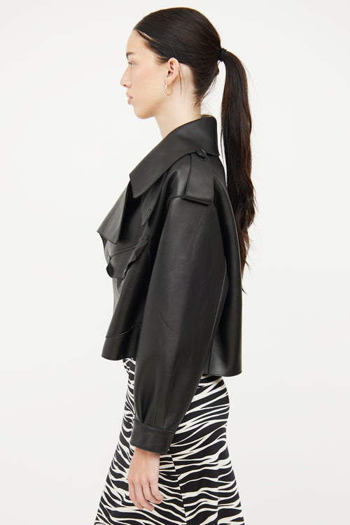 Doma Black Leather Cropped Biker Jacket