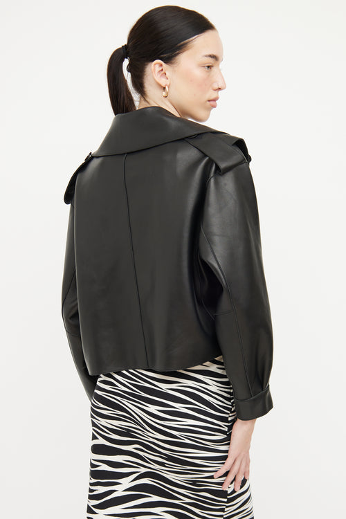 Doma Black Leather Cropped Biker Jacket