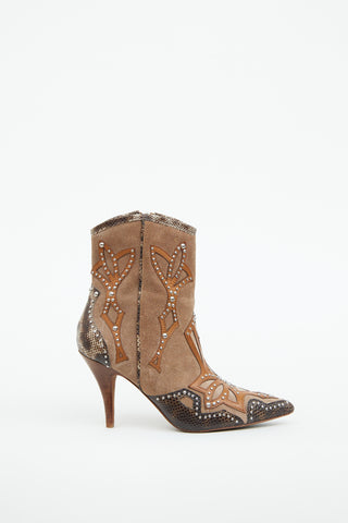 Donald J Pliner Brown Suede & Silver Stud Heeled Western Boot