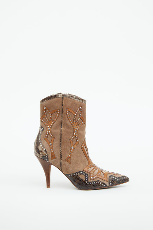 Donald J Pliner Brown Suede & Silver Stud Heeled Western Boot