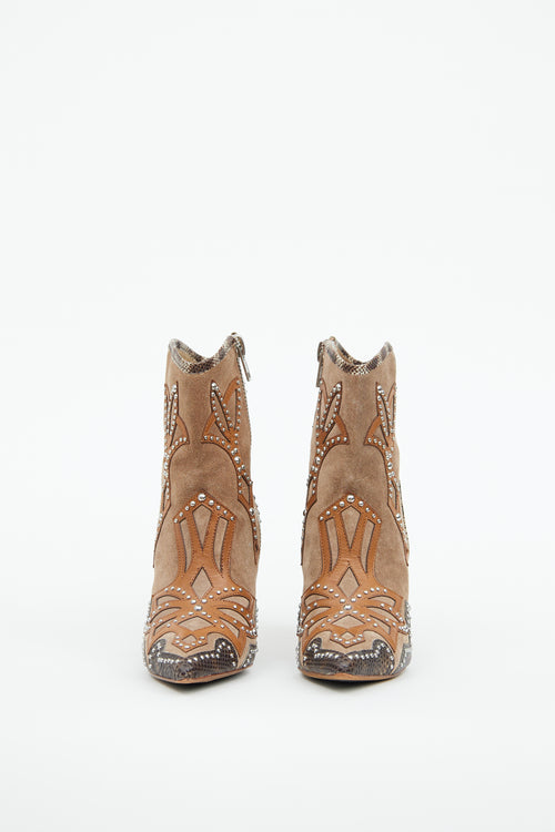 Donald J Pliner Brown Suede & Silver Stud Heeled Western Boot