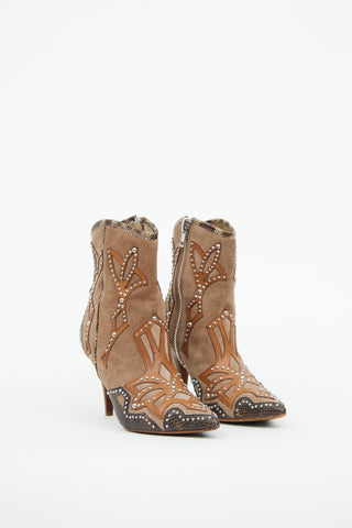 Donald J Pliner Brown Suede & Silver Stud Heeled Western Boot