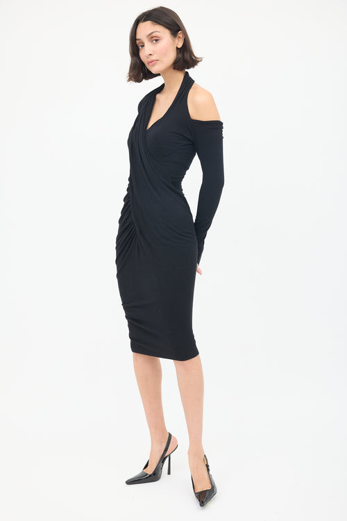 Donna Karan Black Asymmetrical Draped Midi Dress