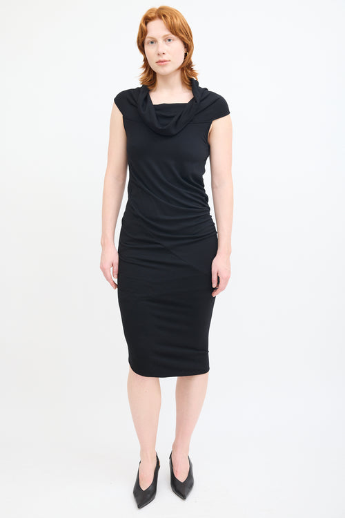 Donna Karan Black Wool Cowl Neck Midi Dress