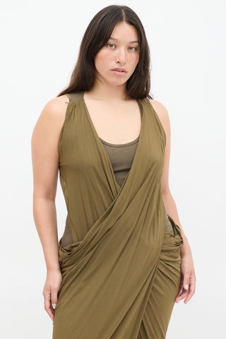 Donna Karan Khaki Green Draped Layered Dress